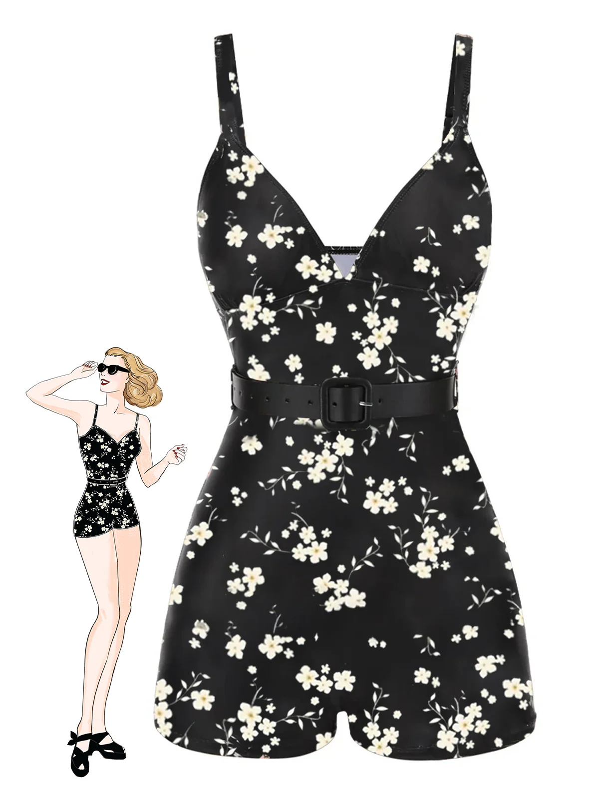 Black Floral Boxer Straps Swimsuit