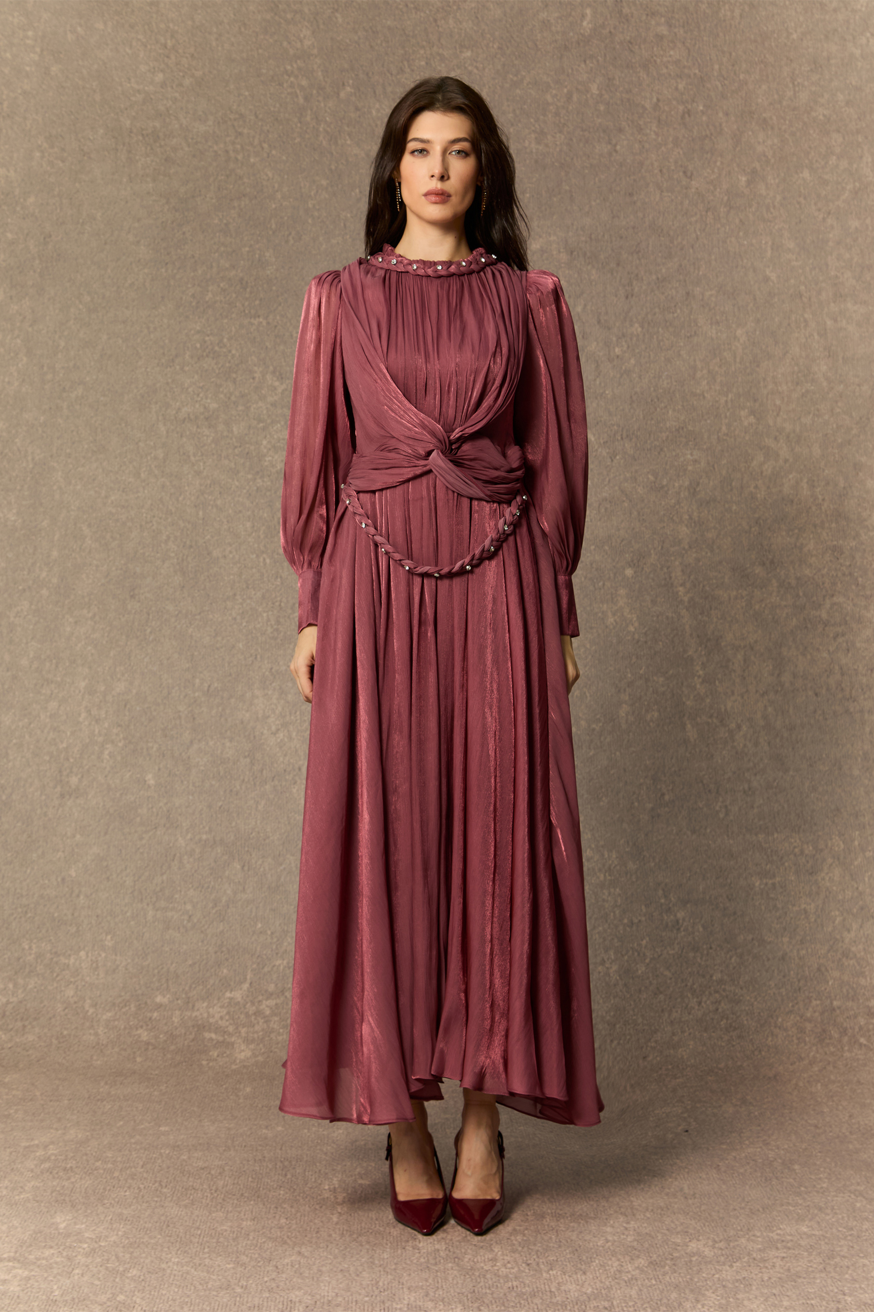 Pink Braided Detail Lantern Sleeve Maxi Dress