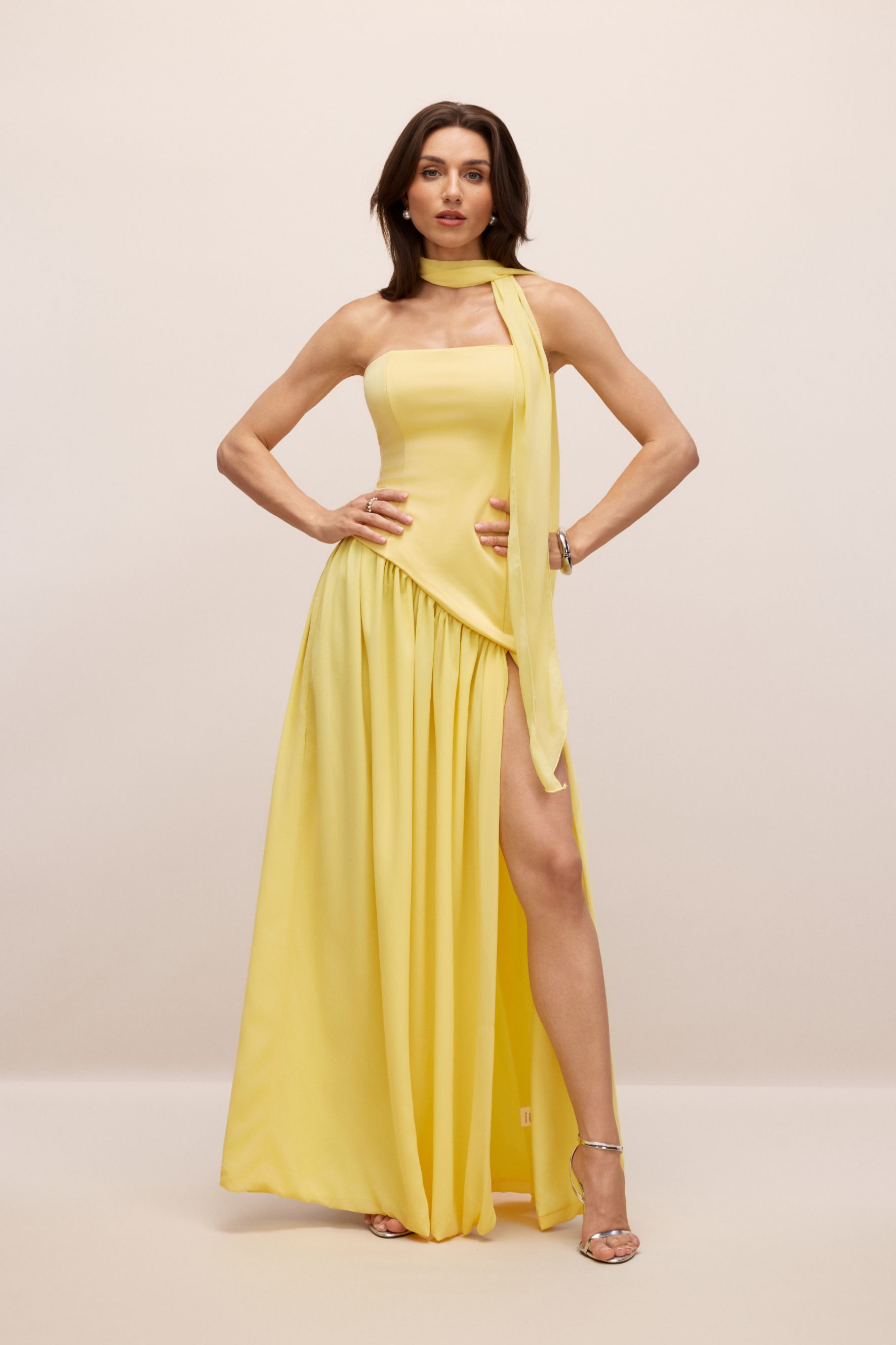 High Slit Asymmetric Maxi Dress with Scarf