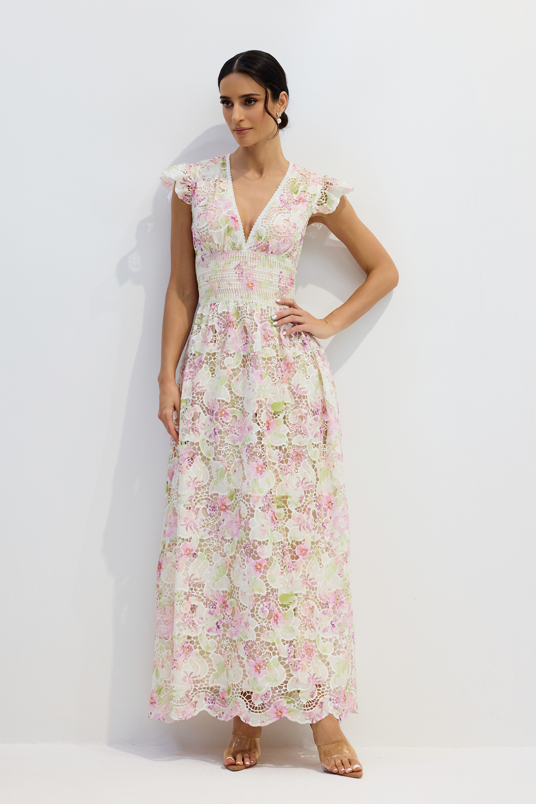 V-neck Floral Lace Maxi Dress