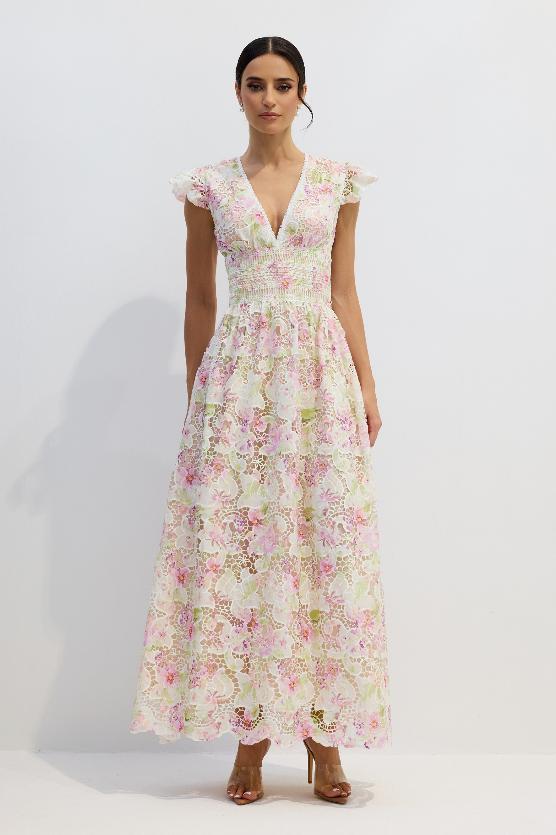 V-neck Floral Lace Maxi Dress